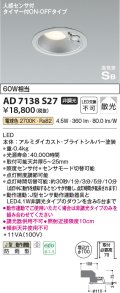 コイズミ照明　AD7138S27　LED防雨型ダウンライト LED一体型 非調光 人感センサ タイマー付ON-OFFタイプ 電球色 ブライトシルバー
