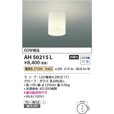 画像1: コイズミ照明　AH50215L　小型シーリング LEDランプ交換可能型 非調光 電球色 グローブ押え式 傾斜天井対応 乳白 [∽]