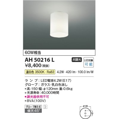 画像1: コイズミ照明　AH50216L　小型シーリング LEDランプ交換可能型 非調光 温白色 グローブ押え式 傾斜天井対応 乳白