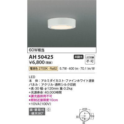 画像1: コイズミ照明　AH50425　小型シーリング LED一体型 非調光 電球色 直・壁取付 傾斜天井対応 ホワイト