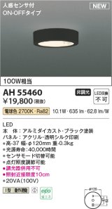 コイズミ照明 AH55460 小型シーリング 非調光 LED(電球色) 人感センサ付 ON-OFFタイプ ブラック