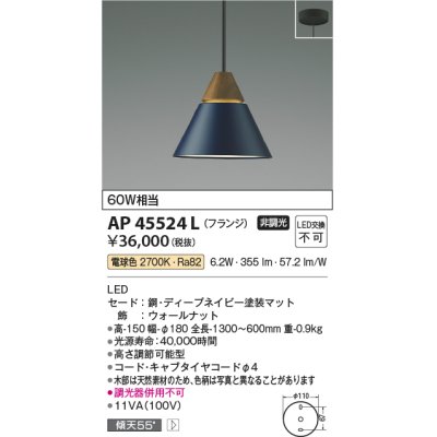 画像1: コイズミ照明　AP45524L　ペンダント LED一体型 電球色 フランジ 白熱球60W相当 ネイビー [(^^)]