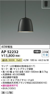 コイズミ照明　AP52232　ペンダントライト LEDランプ交換可能型 非調光 フランジタイプ 温白色 マットブラック [♭]