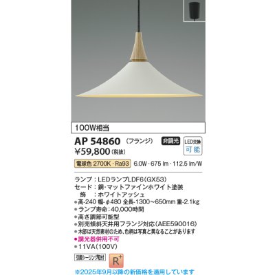 画像1: コイズミ照明 AP54860 ペンダント 非調光 LED 電球色 フランジタイプ マットファインホワイト