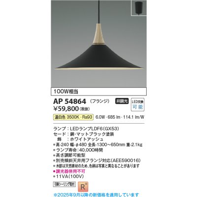 画像1: コイズミ照明 AP54864 ペンダント 非調光 LED 温白色 フランジタイプ マットブラック