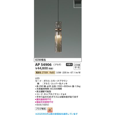 画像1: コイズミ照明 AP54906 ペンダント 非調光 LED一体型 電球色 プラグタイプ スモークブラウン