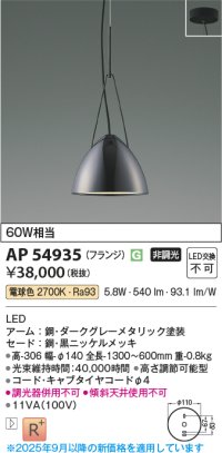 コイズミ照明 AP54935 ペンダント 非調光 LED一体型 電球色 フランジタイプ 黒ニッケルメッキ