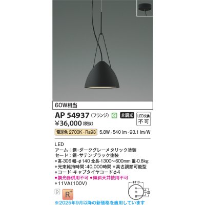 画像1: コイズミ照明 AP54937 ペンダント 非調光 LED一体型 電球色 フランジタイプ サテンブラック