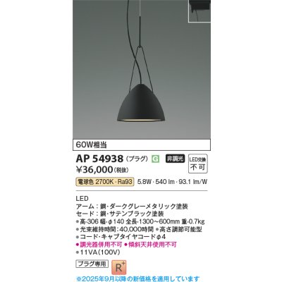 画像1: コイズミ照明 AP54938 ペンダント 非調光 LED一体型 電球色 プラグタイプ サテンブラック