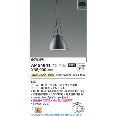 画像1: コイズミ照明 AP54941 ペンダント 非調光 LED一体型 温白色 フランジタイプ 黒ニッケルメッキ
