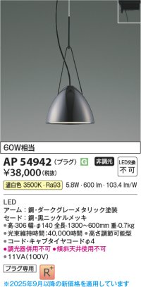 コイズミ照明 AP54942 ペンダント 非調光 LED一体型 温白色 プラグタイプ 黒ニッケルメッキ