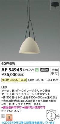 コイズミ照明 AP54945 ペンダント 非調光 LED一体型 温白色 フランジタイプ ライトグレージュ