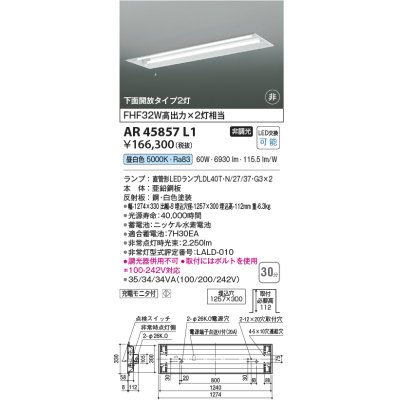 画像1: コイズミ照明　AR45857L1　非常用照明 LEDランプ交換可能型 非調光 昼白色 下面開放タイプ2灯 充電モニタ付 埋込穴□1257×300