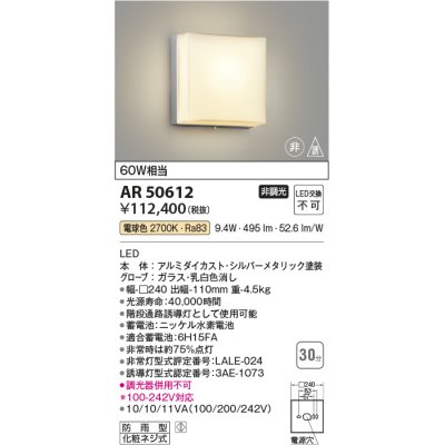 画像1: コイズミ照明　AR50612　非常用照明 LED一体型 非調光 電球色 防雨型 化粧ネジ式 シルバー