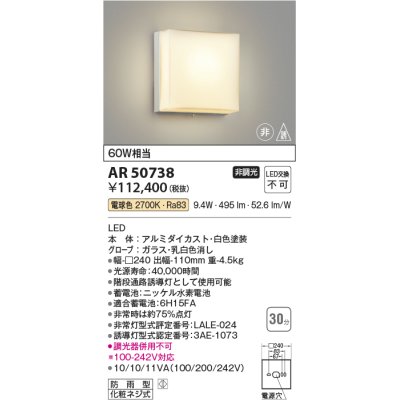 画像1: コイズミ照明　AR50738　非常用照明 LED一体型 非調光 電球色 防雨型 化粧ネジ式 ホワイト