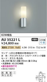 コイズミ照明　AU35221L　玄関灯 ポーチライト防雨型 白熱球60W相当 LED付 電球色 シルバー
