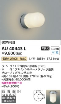 コイズミ照明　AU40443L　軒下シーリング 勝手口灯 天井直付・壁付両用型 白熱球60W相当 LED付 電球色 防雨型 シルバー
