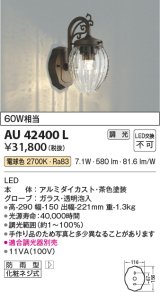 コイズミ照明 AU42400L ポーチライト ブラケットライト 壁 調光タイプ 白熱球60W相当 LED一体型 電球色 ガラス 透明泡入り [￡]