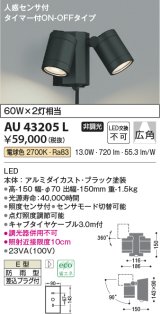コイズミ照明　AU43205L　アウトドアスポットライト 人感センサ タイマー付ON-OFF 白熱球60W×2灯相当 LED一体型 電球色 防雨 黒
