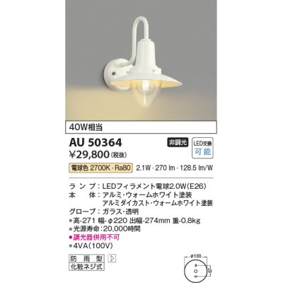 画像1: コイズミ照明　AU50364　アウトドアライト LEDランプ交換可能型 非調光 防雨型 化粧ネジ式 ホワイト