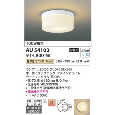 画像1: コイズミ照明　AU54103　アウトドアライト 非調光 LEDランプ 電球色 防雨・防湿型 直付・壁付取付 ファインホワイト
