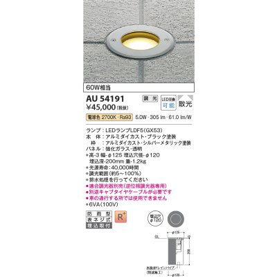 画像1: コイズミ照明　AU54191　アウトドアライト 埋込穴φ120 調光 調光器別売 LEDランプ 電球色 防雨型 埋込取付 シルバーメタリック