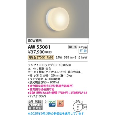 画像1: コイズミ照明 AW55081 ブラケット 調光 調光器別売 LED 電球色 直付・壁付取付 防雨・防湿型 白色