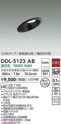 大光電機(DAIKO)　DDL-5123AB　ダウンライト LED内蔵 非調光 温白色 COBタイプ 高気密SB形 傾斜天井用 防雨形 埋込穴φ100 ブラック