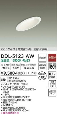 【数量限定特価】大光電機(DAIKO)　DDL-5123AW　ダウンライト LED内蔵 非調光 温白色 COBタイプ 高気密SB形 傾斜天井用 防雨形 埋込穴φ100 ホワイト￡