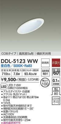 大光電機(DAIKO)　DDL-5123WW　ダウンライト LED内蔵 非調光 昼白色 COBタイプ 高気密SB形 傾斜天井用 防雨形 埋込穴φ100 ホワイト