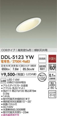 大光電機(DAIKO)　DDL-5123YW　ダウンライト LED内蔵 非調光 電球色 COBタイプ 高気密SB形 傾斜天井用 防雨形 埋込穴φ100 ホワイト