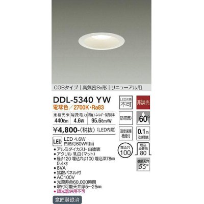 画像1: 大光電機(DAIKO)　DDL-5340YW　ダウンライト LED内蔵 非調光 電球色 温度保護機能付 防雨形 リニューアル用