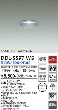 大光電機(DAIKO) DDL-5597 WS ダウンライト 埋込穴φ75 非調光 LED 昼白色 COBタイプ 高気密SB形 防雨形 準耐火 シルバー
