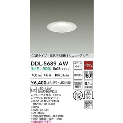 画像1: 大光電機(DAIKO) DDL-5689AW ダウンライト 埋込穴φ100 非調光 温白色 LED内臓 ベーシック COBタイプ 高気密SB形 リニューアル用 防雨形 ホワイト