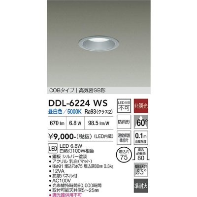画像1: 大光電機(DAIKO) DDL-6224WS ダウンライト 埋込穴φ75 非調光 昼白色 LED内臓 NANA-GO COBタイプ 高気密SB形 防雨形 シルバー