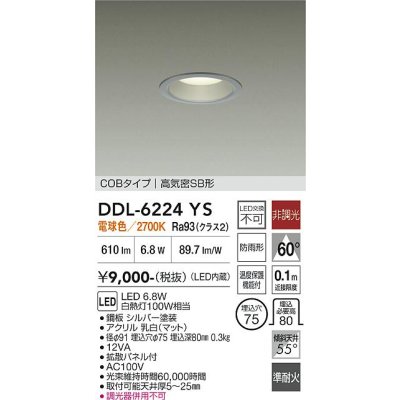 画像1: 大光電機(DAIKO) DDL-6224YS ダウンライト 埋込穴φ75 非調光 電球色 LED内臓 NANA-GO COBタイプ 高気密SB形 防雨形 シルバー