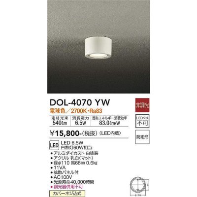 画像1: 大光電機(DAIKO)　DOL-4070YW　アウトドアライト 軒下シーリング LED内蔵 非調光 電球色 防雨形 ホワイト