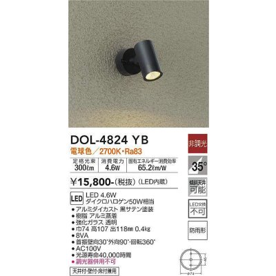 画像1: 大光電機(DAIKO)　DOL-4824YB　アウトドアライト スポットライト 非調光 LED内蔵 電球色 防雨形 黒 ￡