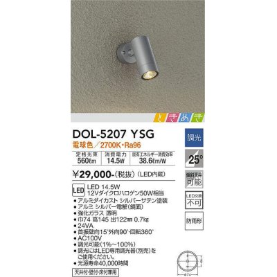 画像1: 大光電機(DAIKO)　DOL-5207YSG　アウトドアライト スポットライト LED内蔵 調光(調光器別売) 電球色 ときめき 防雨形 配光25° フランジタイプ シルバー