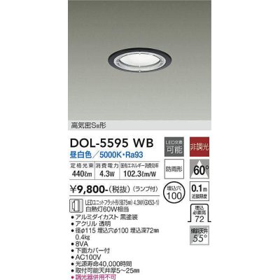 画像1: 大光電機(DAIKO) DOL-5595 WB アウトドアライト 軒下ダウンライト 埋込穴φ100 非調光 LED 昼白色 ランプ付 高気密SB形 防雨形 ブラック