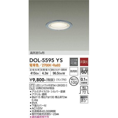 画像1: 大光電機(DAIKO) DOL-5595 YS アウトドアライト 軒下ダウンライト 埋込穴φ100 非調光 LED 電球色 ランプ付 高気密SB形 防雨形 シルバー