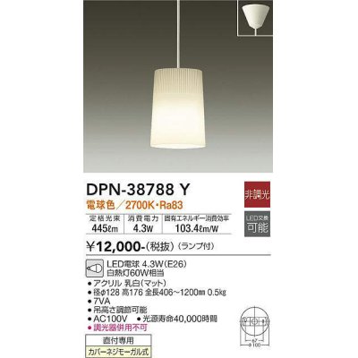 画像1: 大光電機(DAIKO)　DPN-38788Y　ペンダント ランプ付 非調光 電球色 フランジタイプ ホワイト