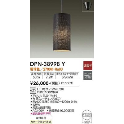 画像1: 大光電機(DAIKO)　DPN-38998Y　ペンダント ランプ付 非調光 電球色 フランジタイプ ブラック