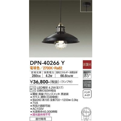 画像1: 大光電機(DAIKO)　DPN-40266Y　ペンダントライト ランプ付 非調光 電球色 ブロンズ 黒