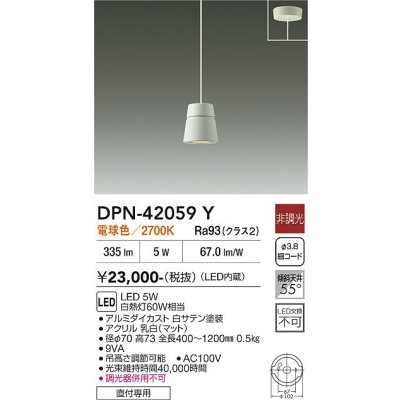 画像1: 大光電機(DAIKO) DPN-42059Y ペンダント 非調光 電球色 LED内臓 フランジタイプ ホワイト