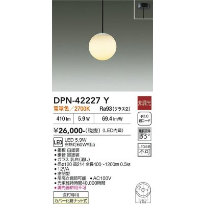 画像1: 大光電機(DAIKO) DPN-42227Y ペンダント 非調光 電球色 LED内蔵 フランジタイプ ブラック