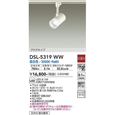 画像1: 大光電機(DAIKO)　DSL-5319WW　スポットライト プラグタイプ LED内蔵 昼白色 非調光 ホワイト 天井付・壁付兼用