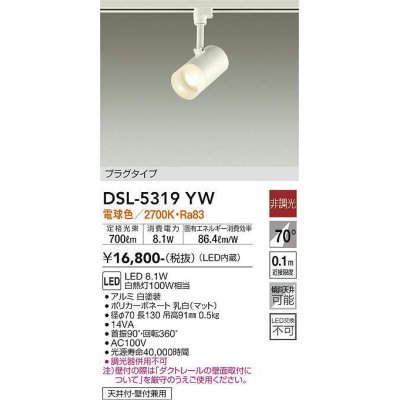 画像1: 大光電機(DAIKO)　DSL-5319YW　スポットライト プラグタイプ LED内蔵 電球色 非調光 ホワイト 天井付・壁付兼用