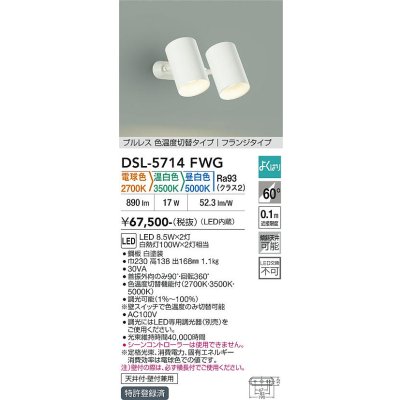 画像1: 大光電機(DAIKO) DSL-5714FWG スポットライト 調光(調光器別売) 電球色 温白色 昼白色 LED内蔵 電源内臓 よくばり フランジタイプ ホワイト