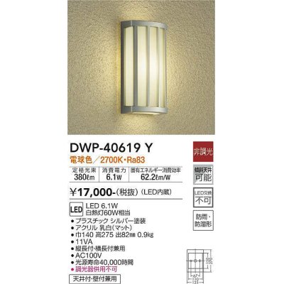 画像1: 大光電機(DAIKO)　DWP-40619Y　アウトドアライト LED内蔵 非調光 電球色 シルバー 防雨・防湿形 天井付・壁付兼用